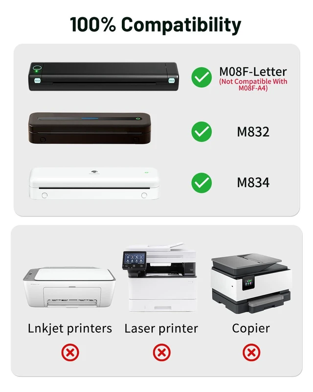 Alt view image 2 of 7 - Thermal Printer Paper 8.5''×11'' for M08F M832D M832 M834, 200Pcs Inkless Printer Paper for Thermal Printing, Compatible with TATTMUSE A285M, Gloryang, NDYIN N80 Portable Printer, US Letter