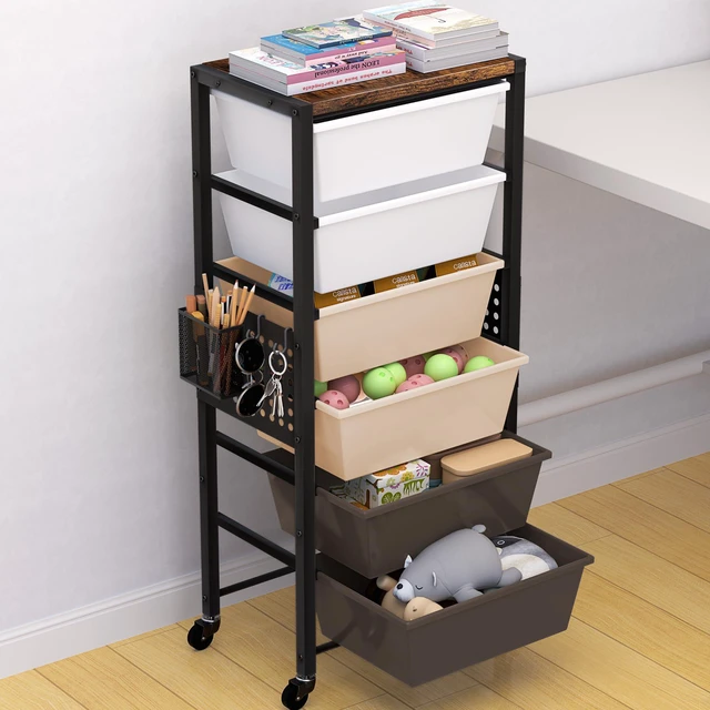 Main image of Rolling Cart with Drawers, Rolling Storage Cart with Large Plastic Drawers & Wooden Tabletop, Utility Cart with Pegboards & Basket, Storage Drawers Cart for Living Room, Classroom, Bedroom, Office