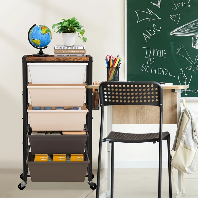 Alt view image 6 of 7 - Rolling Cart with Drawers, Rolling Storage Cart with Large Plastic Drawers & Wooden Tabletop, Utility Cart with Pegboards & Basket, Storage Drawers Cart for Living Room, Classroom, Bedroom, Office