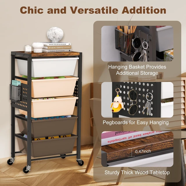 Alt view image 5 of 7 - Rolling Cart with Drawers, Rolling Storage Cart with Large Plastic Drawers & Wooden Tabletop, Utility Cart with Pegboards & Basket, Storage Drawers Cart for Living Room, Classroom, Bedroom, Office