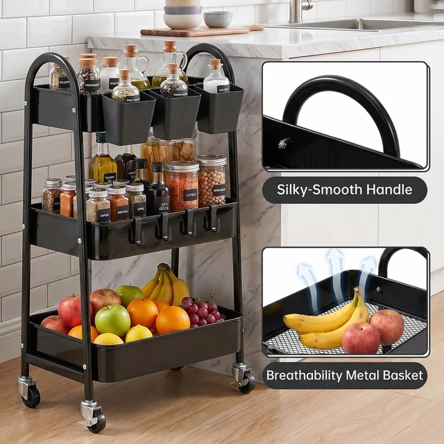 Alt view image 3 of 7 - 3-Tier Rolling Cart, Utility Cart Mobile Metal Rolling Storage Cart with Lockable Wheels & Hanging Cups & Hooks for Kitchen, Bathroom, Office, Workshop, Black