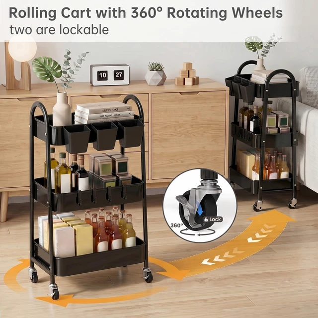 Alt view image 4 of 7 - 3-Tier Rolling Cart, Utility Cart Mobile Metal Rolling Storage Cart with Lockable Wheels & Hanging Cups & Hooks for Kitchen, Bathroom, Office, Workshop, Black