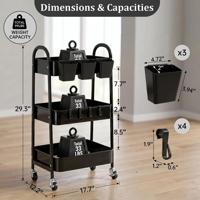 Alt view image 2 of 7 - 3-Tier Rolling Cart, Utility Cart Mobile Metal Rolling Storage Cart with Lockable Wheels & Hanging Cups & Hooks for Kitchen, Bathroom, Office, Workshop, Black