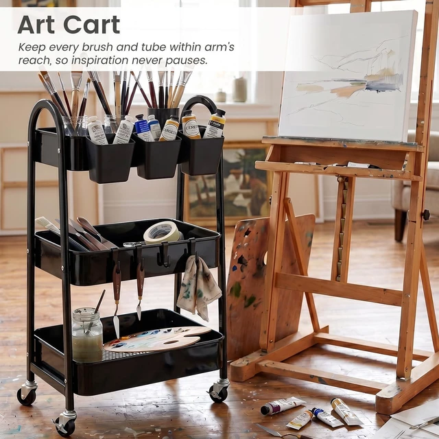 Alt view image 5 of 7 - 3-Tier Rolling Cart, Utility Cart Mobile Metal Rolling Storage Cart with Lockable Wheels & Hanging Cups & Hooks for Kitchen, Bathroom, Office, Workshop, Black