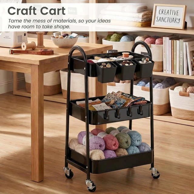Alt view image 6 of 7 - 3-Tier Rolling Cart, Utility Cart Mobile Metal Rolling Storage Cart with Lockable Wheels & Hanging Cups & Hooks for Kitchen, Bathroom, Office, Workshop, Black