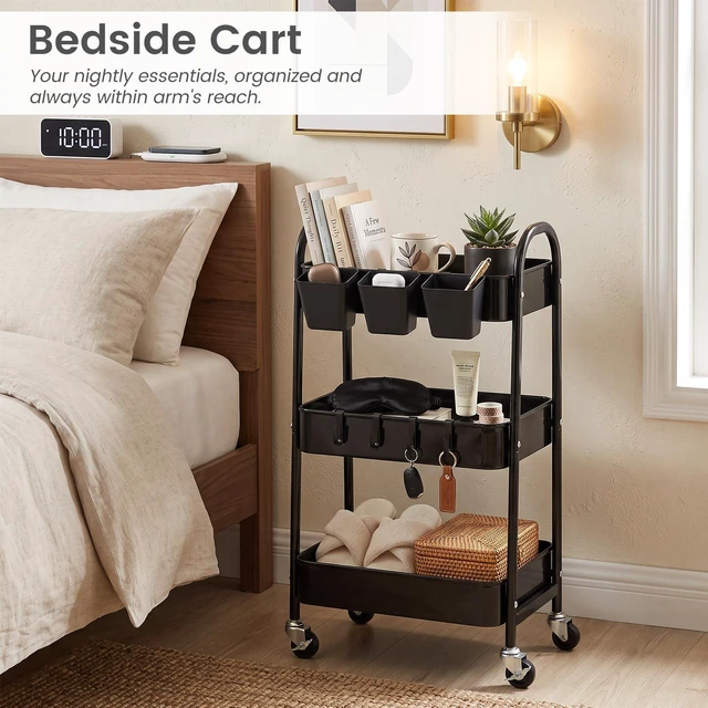 Alt view image 7 of 7 - 3-Tier Rolling Cart, Utility Cart Mobile Metal Rolling Storage Cart with Lockable Wheels & Hanging Cups & Hooks for Kitchen, Bathroom, Office, Workshop, Black