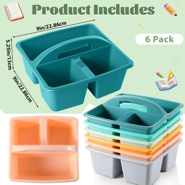 Alt view image 2 of 7 - 6 Pack Plastic Classroom Organizer Caddy with Handle, Morandi 3 Compartment, Portable Supply Storage Caddy, Craft Art Caddies for Pencil, Crayon, Marker, Home, Office, School Supplies