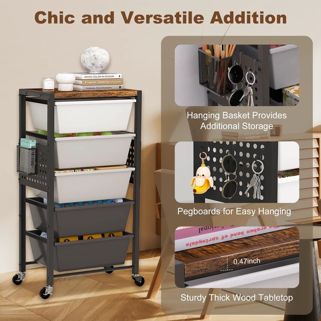 Alt view image 5 of 7 - Rolling Cart with Drawers, Rolling Storage Cart with Large Plastic Drawers & Wooden Tabletop, Utility Cart with Pegboards & Basket, Storage Drawers Cart for Living Room, Classroom, Bedroom, Office