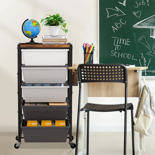 Alt view image 6 of 7 - Rolling Cart with Drawers, Rolling Storage Cart with Large Plastic Drawers & Wooden Tabletop, Utility Cart with Pegboards & Basket, Storage Drawers Cart for Living Room, Classroom, Bedroom, Office