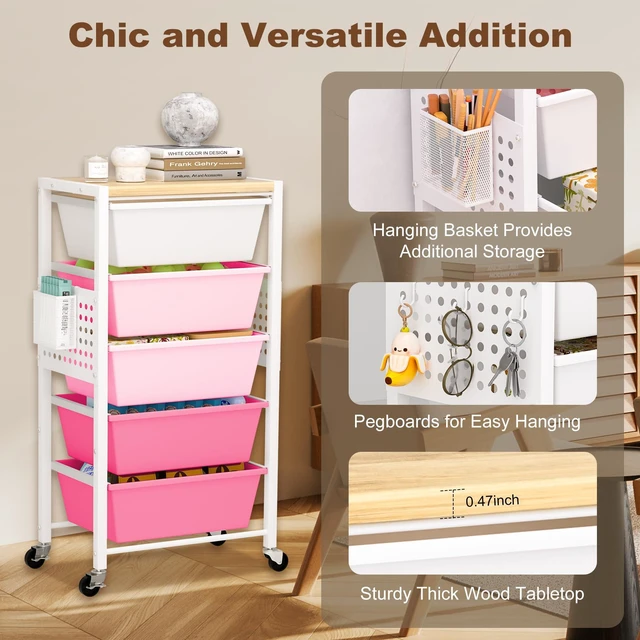 Alt view image 5 of 7 - Rolling Cart with Drawers, Rolling Storage Cart with Large Plastic Drawers & Wooden Tabletop, Utility Cart with Pegboards & Basket, Storage Drawers Cart for Living Room, Classroom, Bedroom, Office