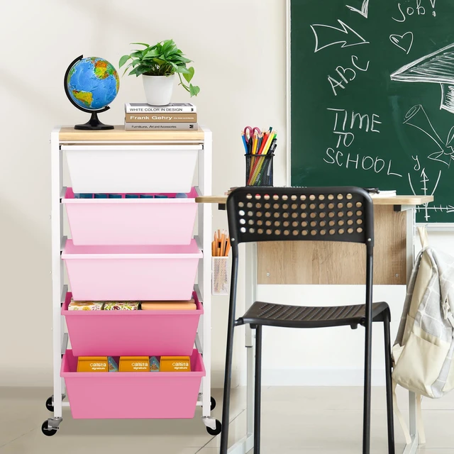 Alt view image 6 of 7 - Rolling Cart with Drawers, Rolling Storage Cart with Large Plastic Drawers & Wooden Tabletop, Utility Cart with Pegboards & Basket, Storage Drawers Cart for Living Room, Classroom, Bedroom, Office