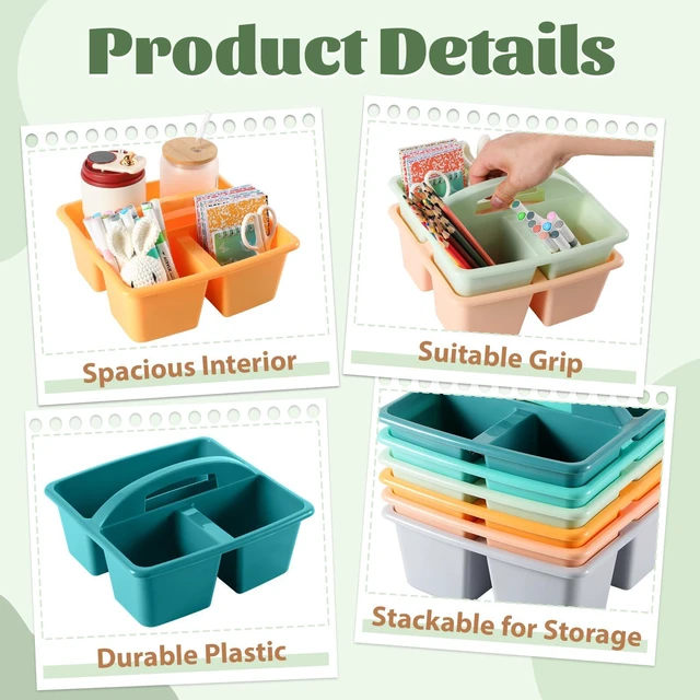 Alt view image 3 of 7 - 6 Pack Plastic Classroom Organizer Caddy with Handle, Morandi 3 Compartment, Portable Supply Storage Caddy, Craft Art Caddies for Pencil, Crayon, Marker, Home, Office, School Supplies