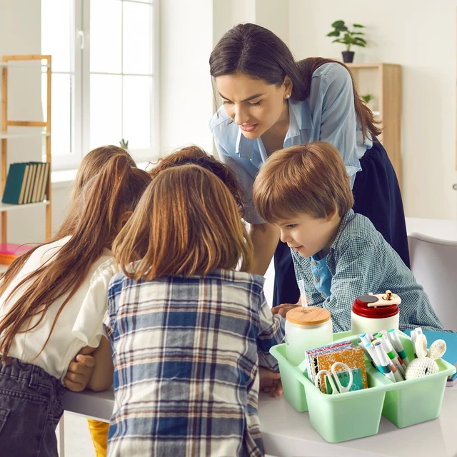 Alt view image 4 of 7 - 6 Pack Plastic Classroom Organizer Caddy with Handle, Morandi 3 Compartment, Portable Supply Storage Caddy, Craft Art Caddies for Pencil, Crayon, Marker, Home, Office, School Supplies