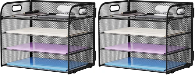 Main image of 4 Tier Paper Organizer Letter Tray - Mesh Desk File Organizer with Handle, Paper Sorter Organizer for Letter/A4 Office File Folder Holder (Black, 12.6" x 9.1" x 10.7") (Pack of 2)