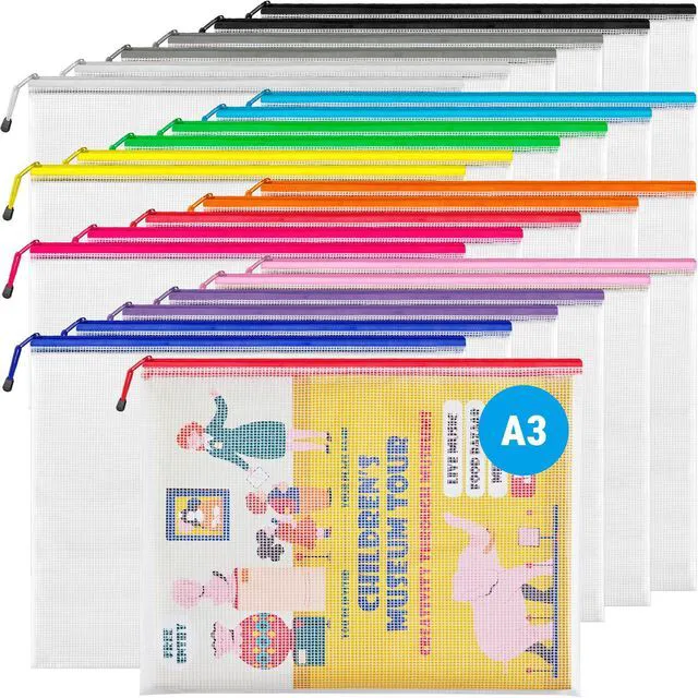 Main image of A3 Mesh Zipper Pouch, Extra Large Waterproof File Bags, 24 Pcs 12 Colors Waterproof Zipper Bags for Office Supplies, Puzzles, Board Games, School, Travel Accessories & Craft Projects