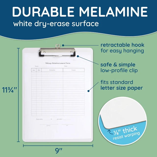 Alt view image 2 of 7 - 30 Dry Erase Clipboards, Whiteboard, Letter Size 9 x 12.5 in, Whiteboard and Dry Erase Board Front, Low Profile Clip, Hanging Loop, for Classrooms, Bulk 30 Pack