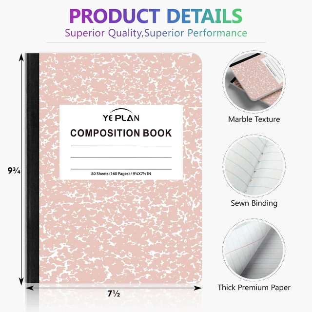 Alt view image 2 of 7 - Composition Notebooks 4 pack, Wide Ruled Notebook Paper, 9 3/4" x 7 1/2", 80 Sheets/160 Pages, Aesthetic Marble Composition Notebook for School & Office Supplies (4, Pastel Marble Colors)