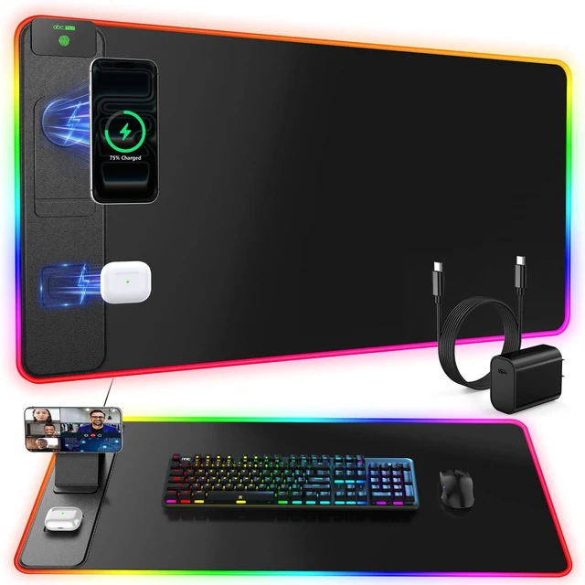Main image of Wireless Charging Mouse Pad with Magnetic Phone Stand, 31.5"x15.8" Large Gaming Mousepad RGB Desk Mat, Smooth Glide, Stitched Edge, Non-Slip Rubber Base, Waterproof Keyboard Mat, with Adatper