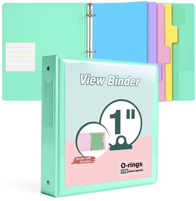 Main image of 3 Ring Binder 1 inchCute Binder Organizer with 5 Tab Dividers Fits 175 Sheets of 8.5x11 Paper, Customizable Clear Cover with Inside Pockets, Aesthetic 1" Three Ring Binders for School OfficeGreen