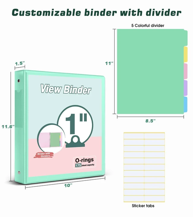 Alt view image 2 of 7 - 3 Ring Binder 1 inchCute Binder Organizer with 5 Tab Dividers Fits 175 Sheets of 8.5x11 Paper, Customizable Clear Cover with Inside Pockets, Aesthetic 1" Three Ring Binders for School OfficeGreen