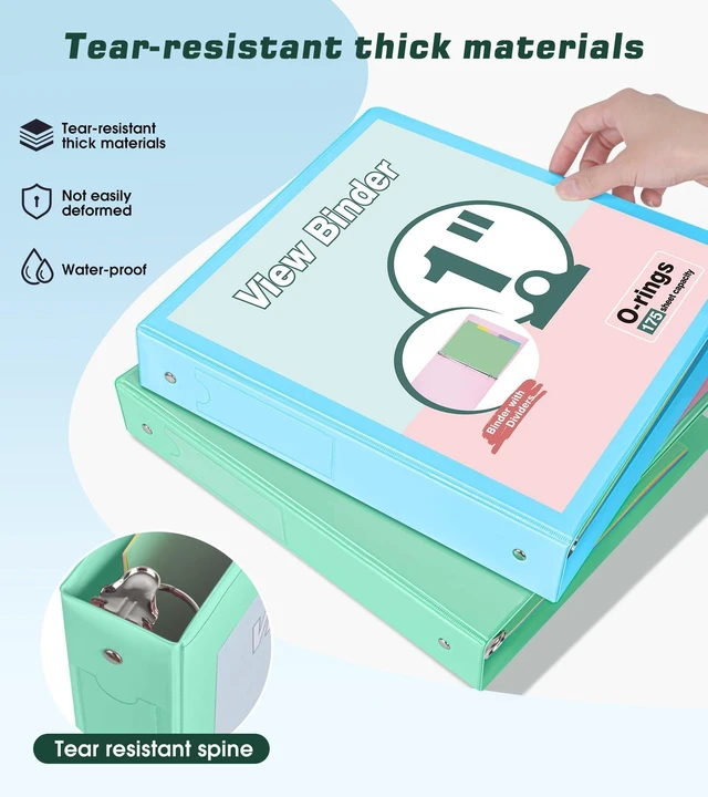 Alt view image 6 of 7 - 3 Ring Binder 1 inchCute Binder Organizer with 5 Tab Dividers Fits 175 Sheets of 8.5x11 Paper, Customizable Clear Cover with Inside Pockets, Aesthetic 1" Three Ring Binders for School OfficeGreen