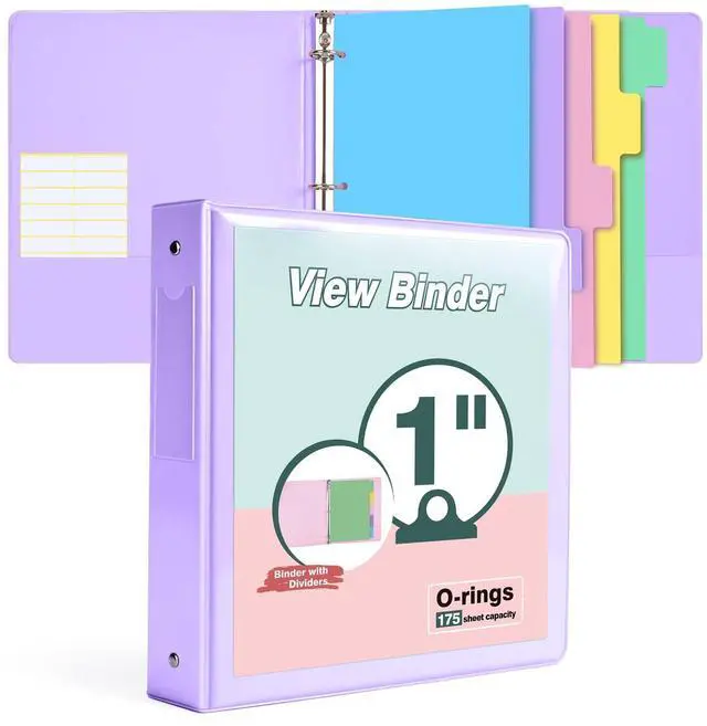 Main image of 3 Ring Binder 1 inchCute Binder Organizer with 5 Tab Dividers Fits 175 Sheets of 8.5x11 Paper, Customizable Clear Cover with Inside Pockets, Aesthetic 1" Three Ring Binders for School OfficePurple