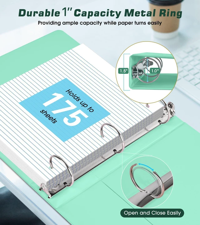 Alt view image 4 of 7 - 3 Ring Binder 1 inchCute Binder Organizer with 5 Tab Dividers Fits 175 Sheets of 8.5x11 Paper, Customizable Clear Cover with Inside Pockets, Aesthetic 1" Three Ring Binders for School OfficeGreen