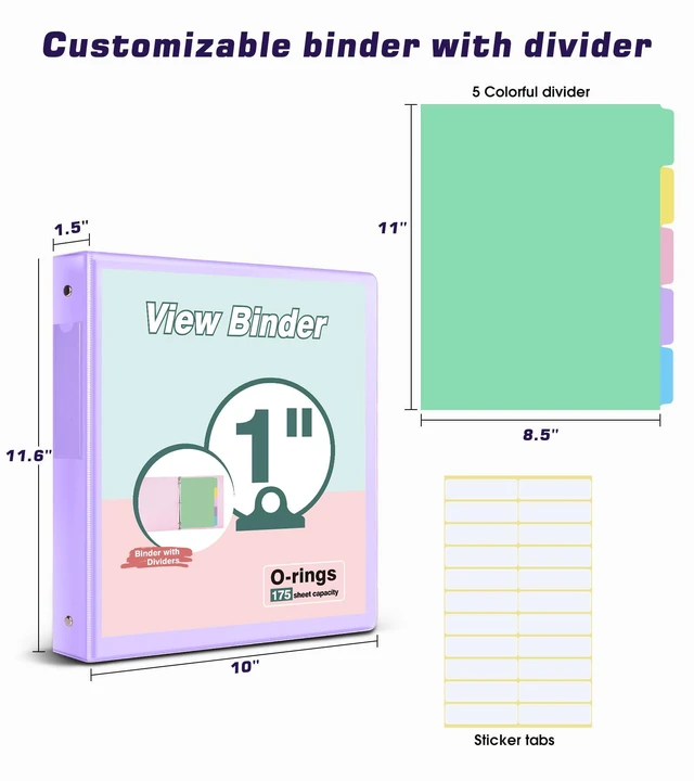 Alt view image 2 of 7 - 3 Ring Binder 1 inchCute Binder Organizer with 5 Tab Dividers Fits 175 Sheets of 8.5x11 Paper, Customizable Clear Cover with Inside Pockets, Aesthetic 1" Three Ring Binders for School OfficePurple