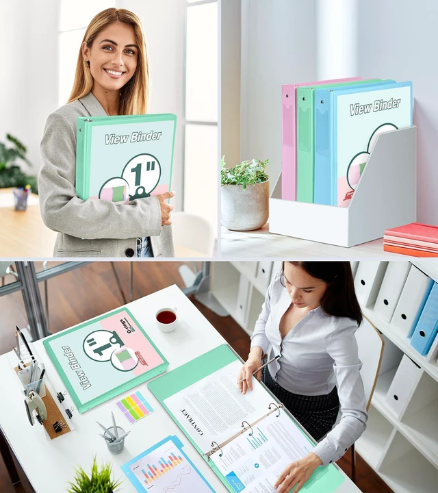 Alt view image 7 of 7 - 3 Ring Binder 1 inchCute Binder Organizer with 5 Tab Dividers Fits 175 Sheets of 8.5x11 Paper, Customizable Clear Cover with Inside Pockets, Aesthetic 1" Three Ring Binders for School OfficeGreen
