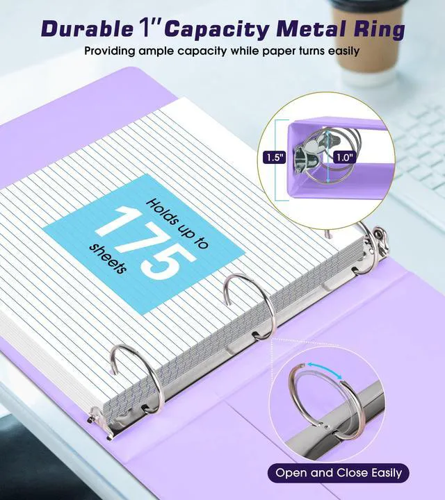 Alt view image 4 of 7 - 3 Ring Binder 1 inchCute Binder Organizer with 5 Tab Dividers Fits 175 Sheets of 8.5x11 Paper, Customizable Clear Cover with Inside Pockets, Aesthetic 1" Three Ring Binders for School OfficePurple
