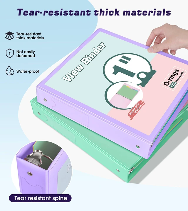 Alt view image 6 of 7 - 3 Ring Binder 1 inchCute Binder Organizer with 5 Tab Dividers Fits 175 Sheets of 8.5x11 Paper, Customizable Clear Cover with Inside Pockets, Aesthetic 1" Three Ring Binders for School OfficePurple