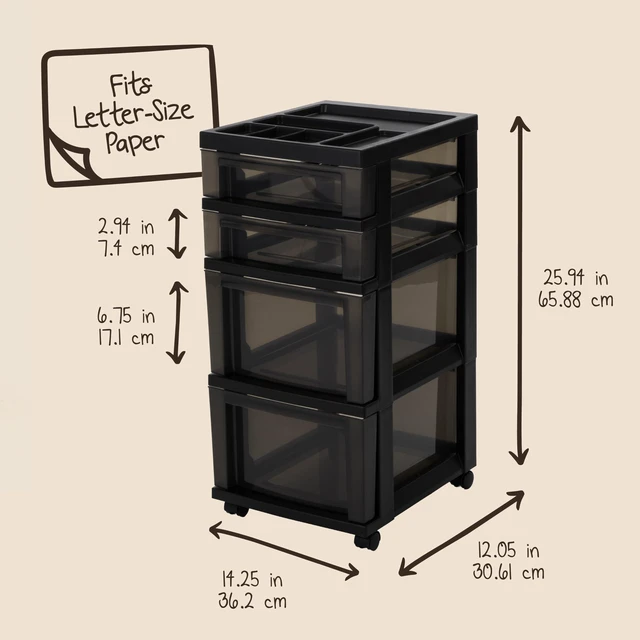 Alt view image 3 of 7 - 4-Drawer Rolling Storage Cart with Wheels, Black/Gray Keep classroom supplies, teacher essentials, craft materials, and learning tools organized with easy-access drawers