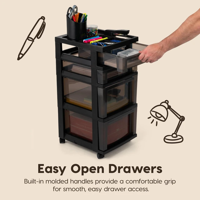Alt view image 4 of 7 - 4-Drawer Rolling Storage Cart with Wheels, Black/Gray Keep classroom supplies, teacher essentials, craft materials, and learning tools organized with easy-access drawers