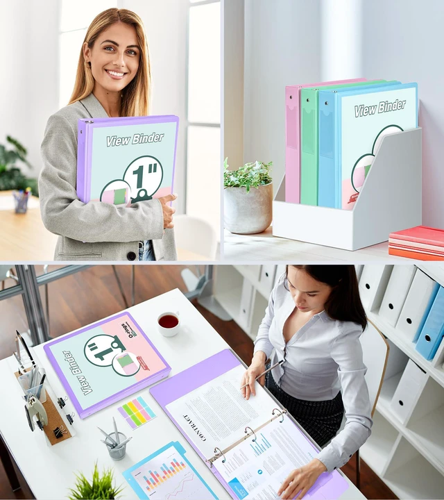 Alt view image 7 of 7 - 3 Ring Binder 1 inchCute Binder Organizer with 5 Tab Dividers Fits 175 Sheets of 8.5x11 Paper, Customizable Clear Cover with Inside Pockets, Aesthetic 1" Three Ring Binders for School OfficePurple