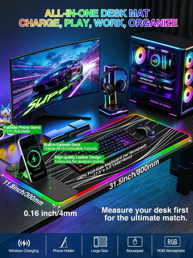 Alt view image 2 of 7 - RGB Mouse Pad with Foldable Phone Stand Wireless Charger, 31.5"x11.8" XL Gaming Mousepad Large Desk Mat, Desk Pad with 11 Colors 5 Modes, Waterproof