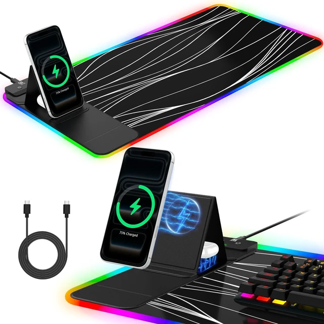 Main image of RGB Mouse Pad with Foldable Phone Stand Wireless Charger, 31.5"x11.8" XL Gaming Mousepad Large Desk Mat, Desk Pad with 11 Colors 5 Modes, Waterproof