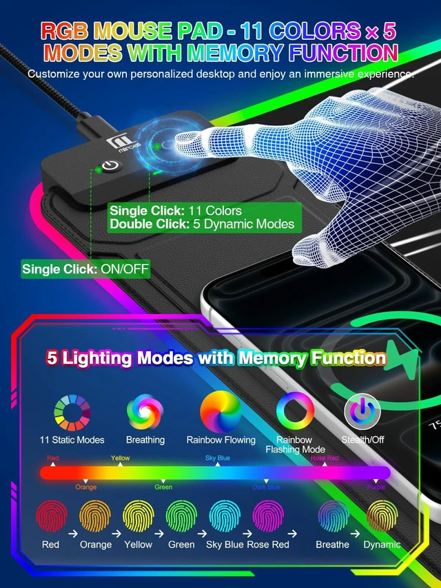 Alt view image 4 of 7 - RGB Mouse Pad with Foldable Phone Stand Wireless Charger, 31.5"x11.8" XL Gaming Mousepad Large Desk Mat, Desk Pad with 11 Colors 5 Modes, Waterproof