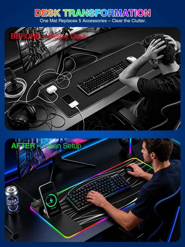 Alt view image 6 of 7 - RGB Mouse Pad with Foldable Phone Stand Wireless Charger, 31.5"x11.8" XL Gaming Mousepad Large Desk Mat, Desk Pad with 11 Colors 5 Modes, Waterproof