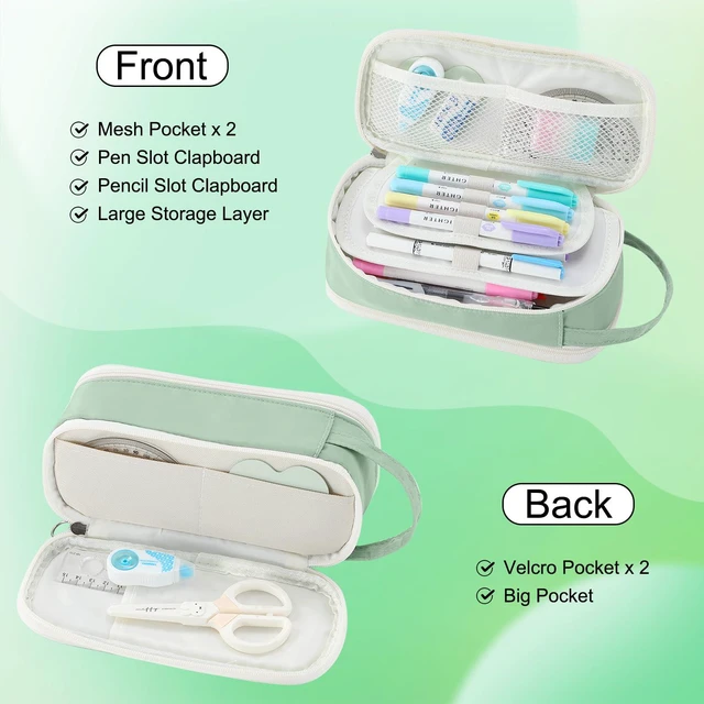 Alt view image 3 of 7 - Large Pencil Case for Girls Teens Organizer Pencil Bag with Zipper Green Pencil Pouch for Kids Aesthetic Cute Big Pencil Pen Case for School Supplies, Large Capacity Design, Wear-resistant Fabric