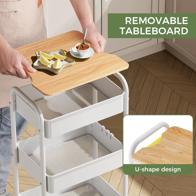 Alt view image 3 of 7 - 3-Tier Rolling Cart with Table Top, Metal Utility Cart on Wheels Sturdy Storage Organizer Cart with Lockable Wheels&Hooks for Craft, Office, Classroom, Kitchen and Bathroom, WHite