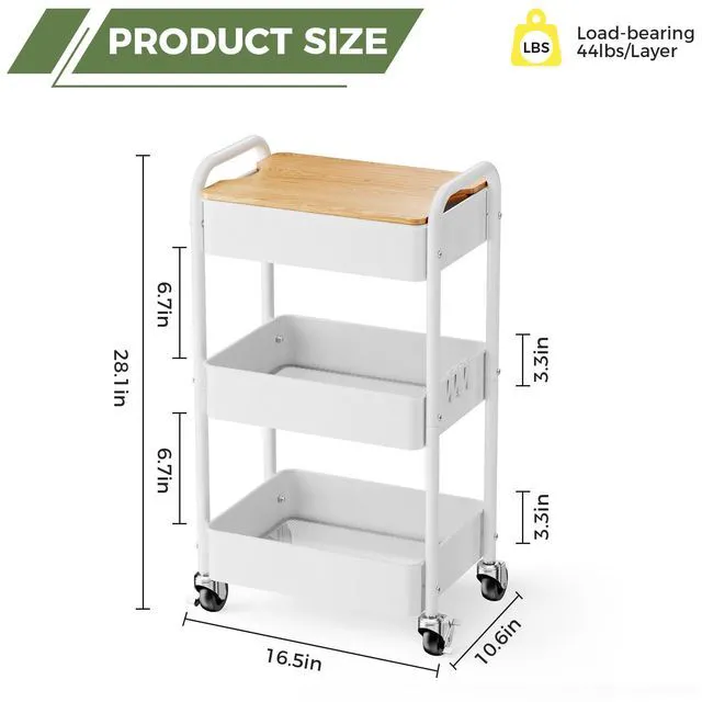 Alt view image 4 of 7 - 3-Tier Rolling Cart with Table Top, Metal Utility Cart on Wheels Sturdy Storage Organizer Cart with Lockable Wheels&Hooks for Craft, Office, Classroom, Kitchen and Bathroom, WHite
