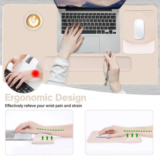 Alt view image 3 of 7 - Keyboard Mouse Pad Set, Large Gaming Mouse Pad&Keyboard Wrist Rest Rectangular Mousepad with Wrist Rest&Coaster, Ergonomic Non-Slip&Easy Typing Pad with Curved Silicone Lining, Apricot