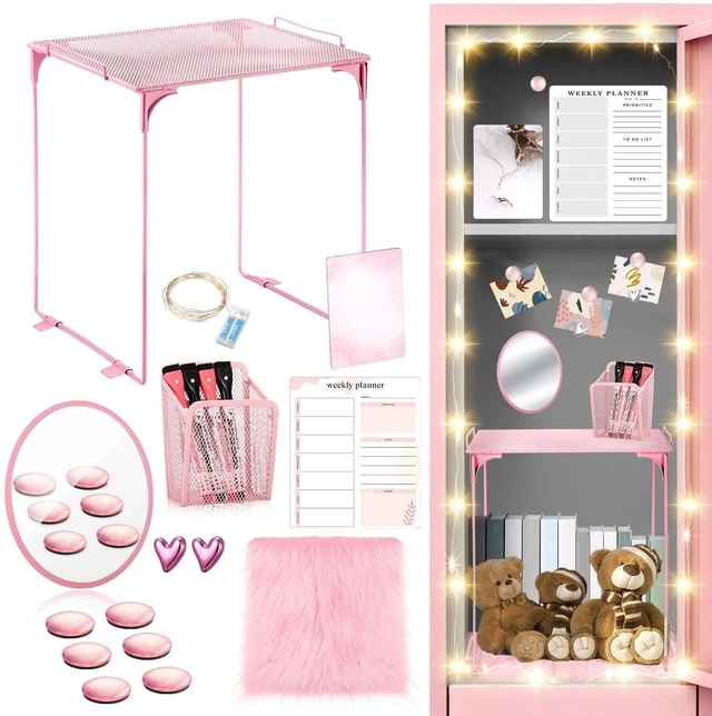 Main image of 19 Pcs Locker Organizer and Decorating Kit, First Day of Essentials Marble Print Whiteboard with Markers Locker Shelf Plush Area Rug Mirror Magnetic Cup (Pink)