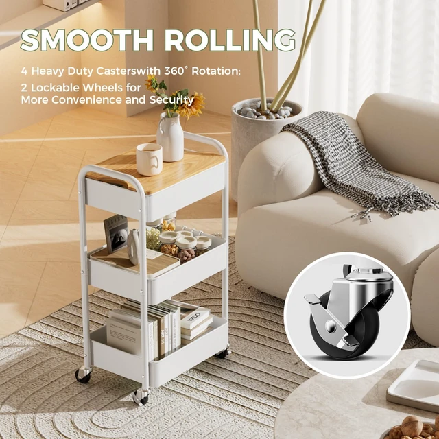 Alt view image 5 of 7 - 3-Tier Rolling Cart with Table Top, Metal Utility Cart on Wheels Sturdy Storage Organizer Cart with Lockable Wheels&Hooks for Craft, Office, Classroom, Kitchen and Bathroom, WHite