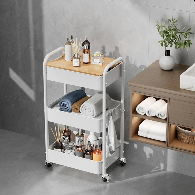 Alt view image 6 of 7 - 3-Tier Rolling Cart with Table Top, Metal Utility Cart on Wheels Sturdy Storage Organizer Cart with Lockable Wheels&Hooks for Craft, Office, Classroom, Kitchen and Bathroom, WHite