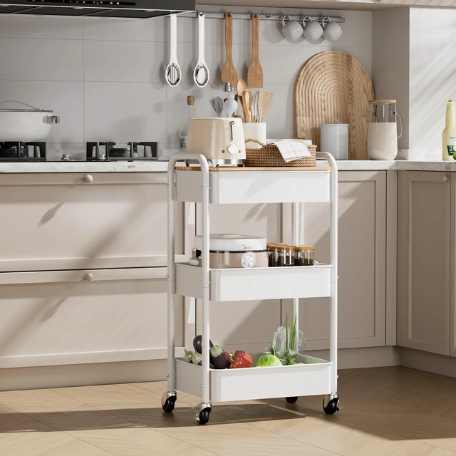 Alt view image 7 of 7 - 3-Tier Rolling Cart with Table Top, Metal Utility Cart on Wheels Sturdy Storage Organizer Cart with Lockable Wheels&Hooks for Craft, Office, Classroom, Kitchen and Bathroom, WHite
