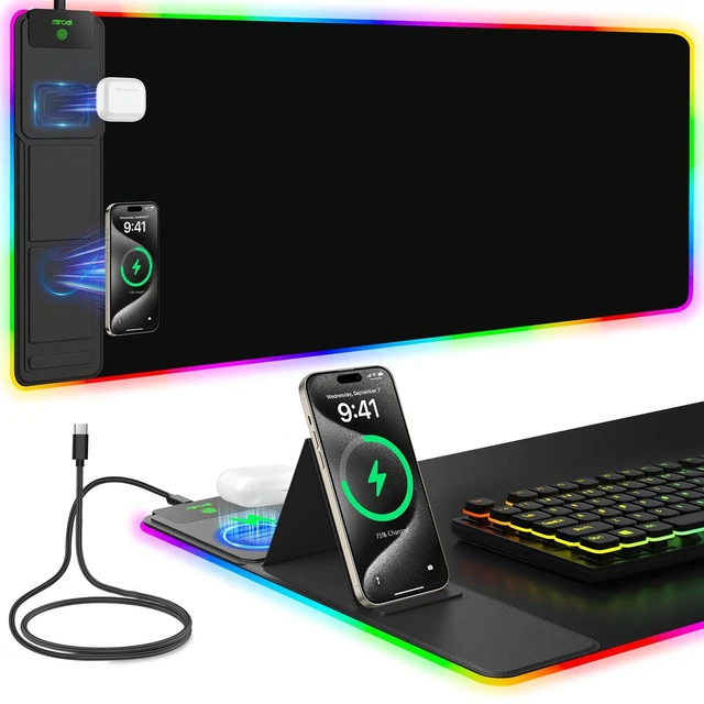 Main image of Mouse Pad with Foldable Phone Holder & Wireless Charger, XXL RGB Gaming Mousepad 31.5"x15.8" Large Desk Mat for Keyboard, Black Desk Pad with Dual Qi Charging Station | 11 Colors 5 Modes | Waterproof
