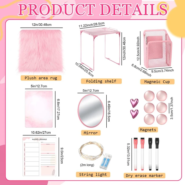 Alt view image 3 of 7 - 19 Pcs Locker Organizer and Decorating Kit, First Day of Essentials Marble Print Whiteboard with Markers Locker Shelf Plush Area Rug Mirror Magnetic Cup (Pink)