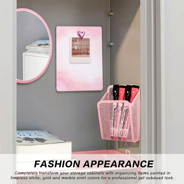 Alt view image 5 of 7 - 19 Pcs Locker Organizer and Decorating Kit, First Day of Essentials Marble Print Whiteboard with Markers Locker Shelf Plush Area Rug Mirror Magnetic Cup (Pink)