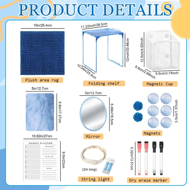 Alt view image 3 of 7 - 17 Pcs Locker Organizer and Decorating Kit, First Day of Essentials Marble Print Whiteboard with Markers Locker Shelf Plush Area Rug Mirror Magnetic Cup (Royal Blue)